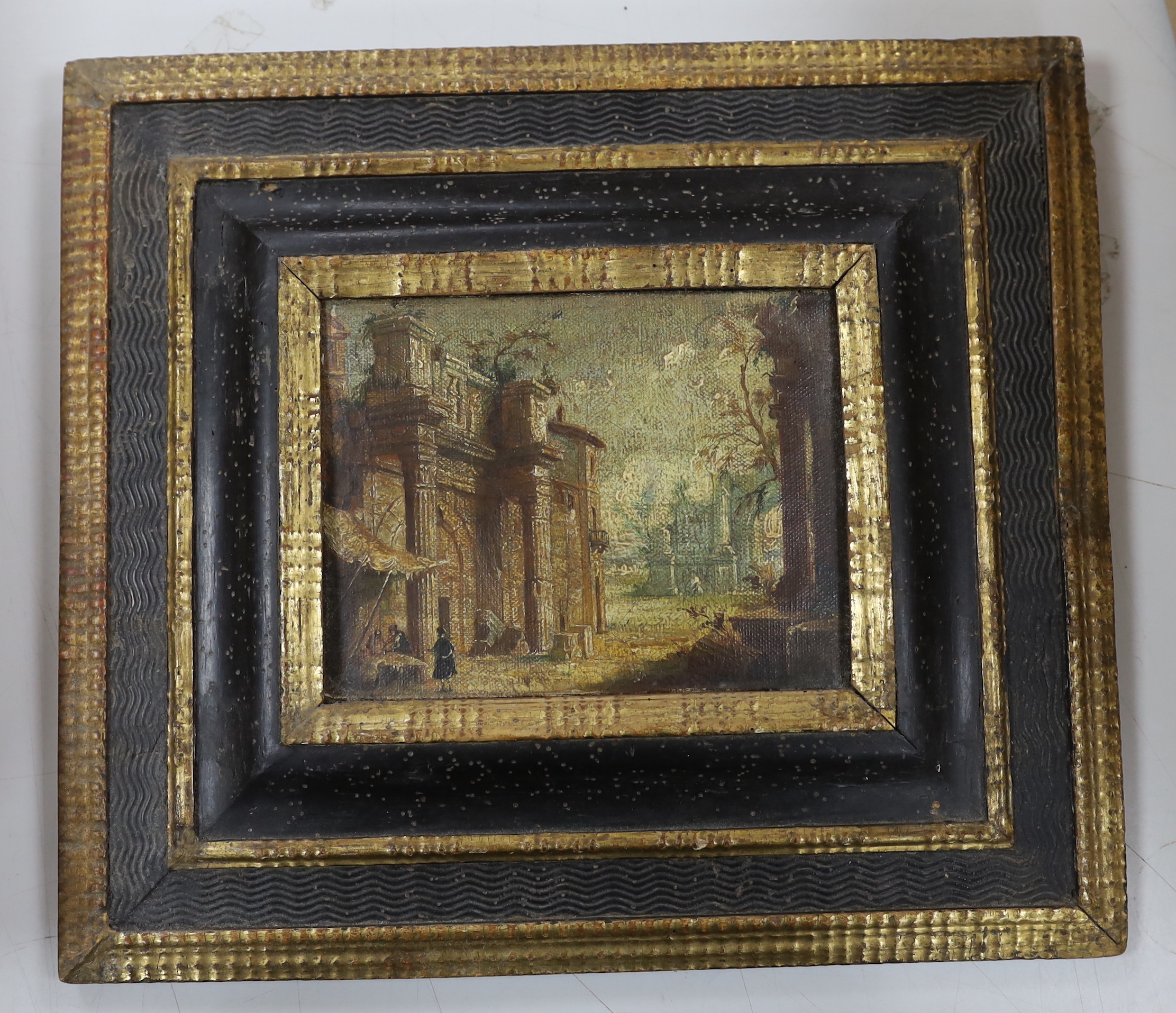 19th century, oil on canvas, ‘The Colonnacce Ruins in the forum of Nerva, Rome’, 15 x 19cm, housed in an ebonised and gilt frame